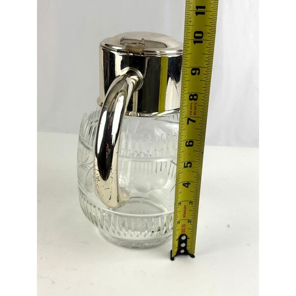 Vintage Cut Glass Water Pitcher Silverplate Lid Hinged Claret Jug 10” - Picture 5 of 15